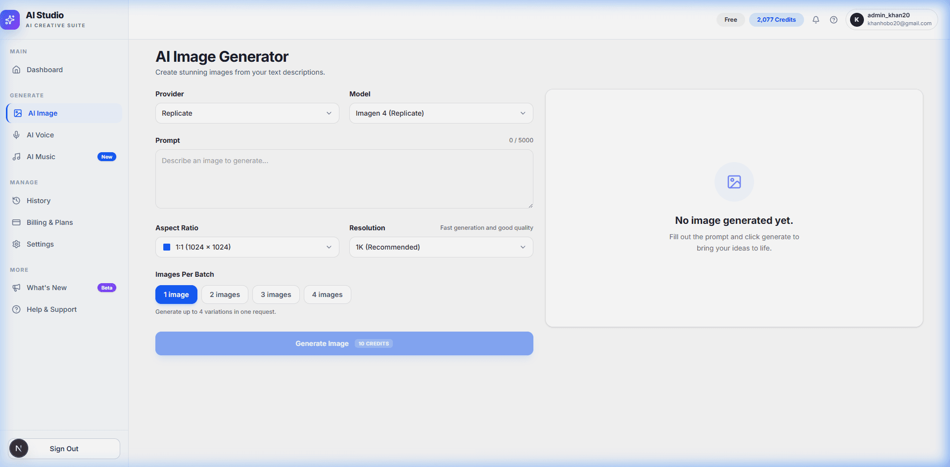 AI Image Generator interface with model selection